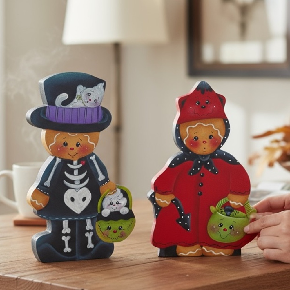 Hand-Painted Halloween Gingerbread Shelf Sitters Signed Bellamy’s Cottage Pair - Picture 9 of 10